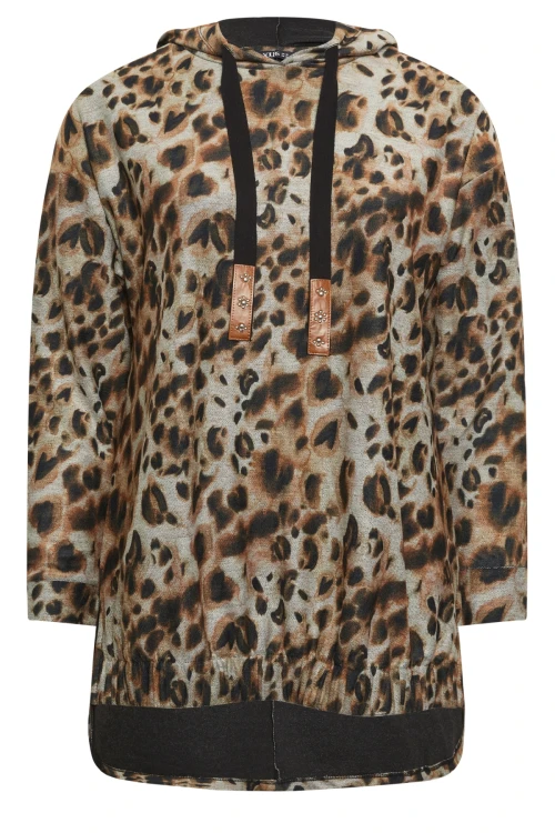 Büyük Beden Leopar Desenli Uzun Kollu Yırtmaç Detaylı Kapüşonlu Sweatshirt 302654