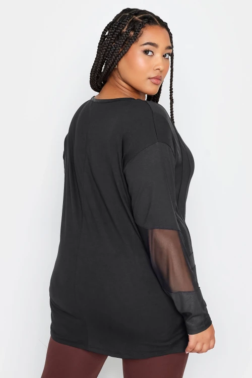 Büyük Beden Suni Deri Detaylı File Kol Yırtmaçlı Bluz 302671