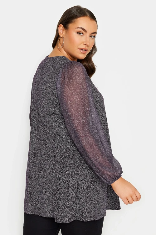 Büyük Beden Uzun Kolları Tül Detaylı Pileli V Yaka Bluz 302828