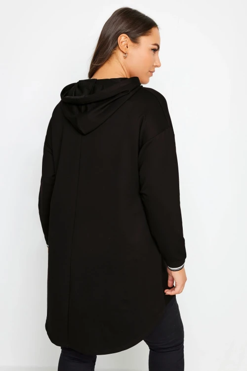 Büyük Beden Uzun Kollu Arkası Uzun Baskılı Kapüşonlu Sweatshirt 302845