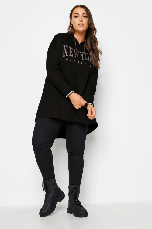 Büyük Beden Uzun Kollu Arkası Uzun Baskılı Kapüşonlu Sweatshirt 302845