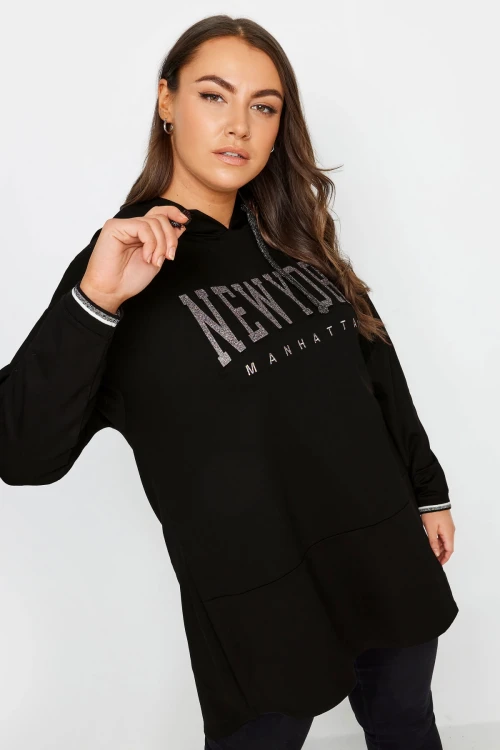 Büyük Beden Uzun Kollu Arkası Uzun Baskılı Kapüşonlu Sweatshirt 302845