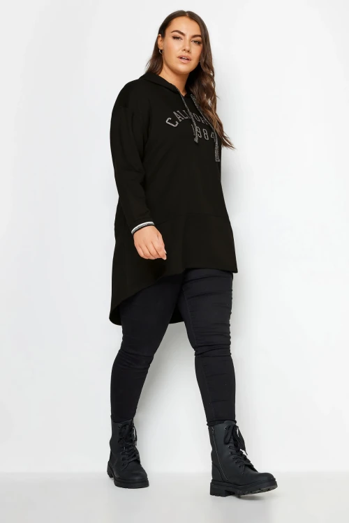 Büyük Beden Uzun Kollu Arkası Uzun Baskılı Kapüşonlu Sweatshirt 302846