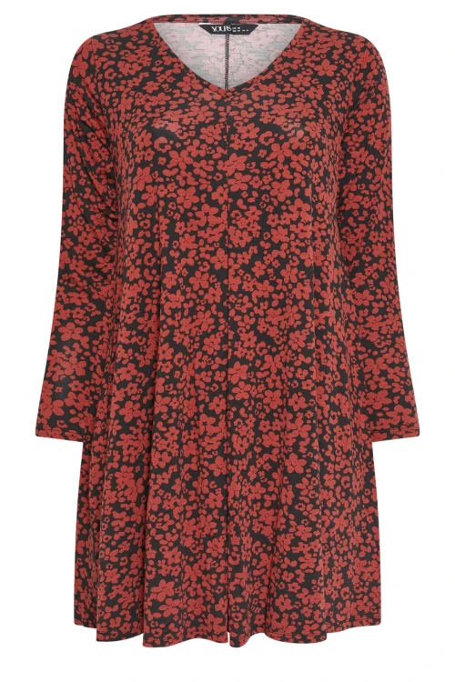 Büyük Beden V Yaka Çiçek Desenli Uzun Kollu Kısa Elbise 137668