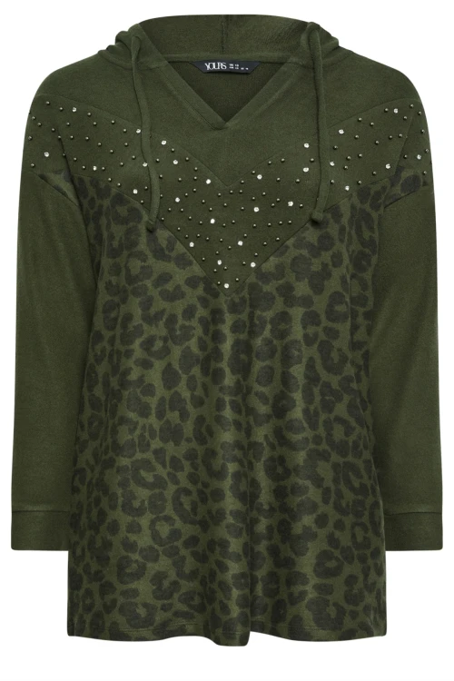 Büyük Beden V Yaka Kapüşonlu Taş Detaylı Leopar Desenli Sweatshirt 285009