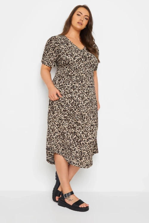 Büyük Beden V Yaka Leopar Desenli Midi Boy Elbise 137849