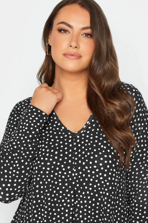 Büyük Beden V Yaka Puantiye Desenli Uzun Kollu Kısa Elbise 137621