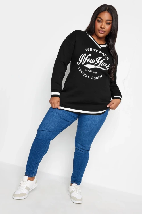 Büyük Beden V Yaka Uzun Kollu Şerit Detaylı Baskılı Sweatshirt 302802