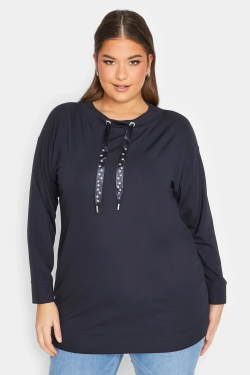 Büyük Beden Yıldız İşlemeli İpli Yaka Uzun Kesim Sweatshirt 301639