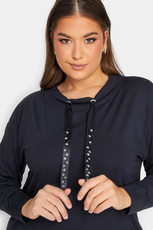 Büyük Beden Yıldız İşlemeli İpli Yaka Uzun Kesim Sweatshirt 301639