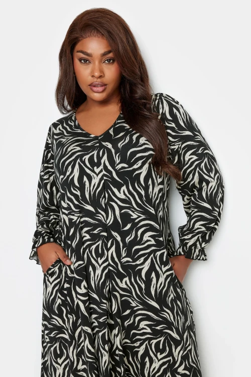 Büyük Beden Zebra Desenli Uzun Kollu Cepli V Yaka Uzun Elbise 137669