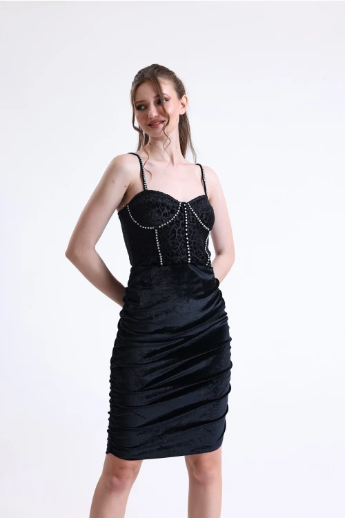 Drape Detaylı Leopar Desenli Taşlı Askılı Kadife Abiye Elbise SU-36