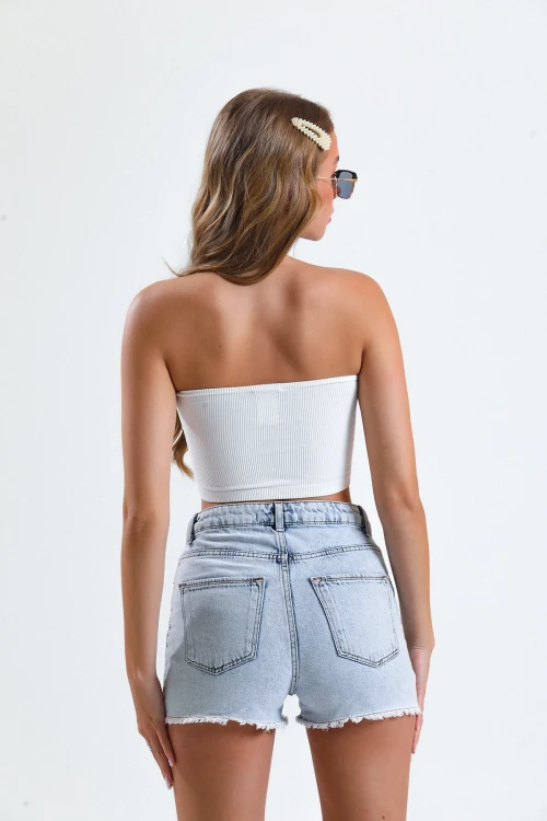 İkili Straplez Kesim Normal Kalıp Esnek Kumaş Crop Bluz