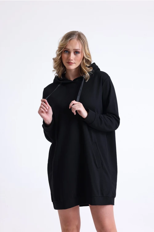 Kapüşonlu İpli Uzun Kollu Cepli Mini Boy Sweat Elbise 10978450