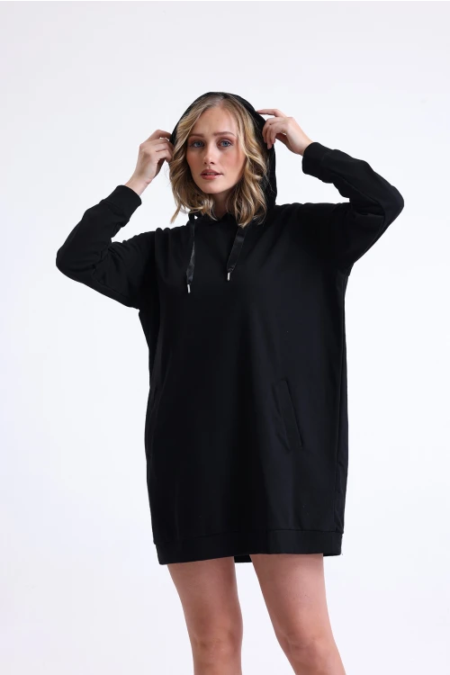 Kapüşonlu İpli Uzun Kollu Cepli Mini Boy Sweat Elbise 10978450