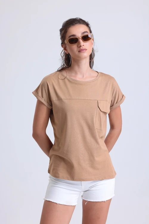 Kısa Kollu Önü Cep Detaylı Bisiklet Yaka Kısa Kollu T-shirt SAPKO-79