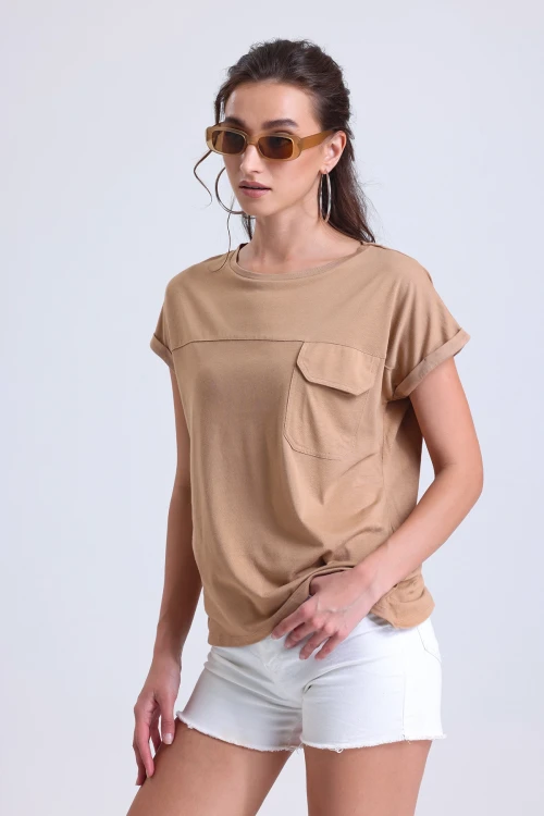 Kısa Kollu Önü Cep Detaylı Bisiklet Yaka Kısa Kollu T-shirt SAPKO-79