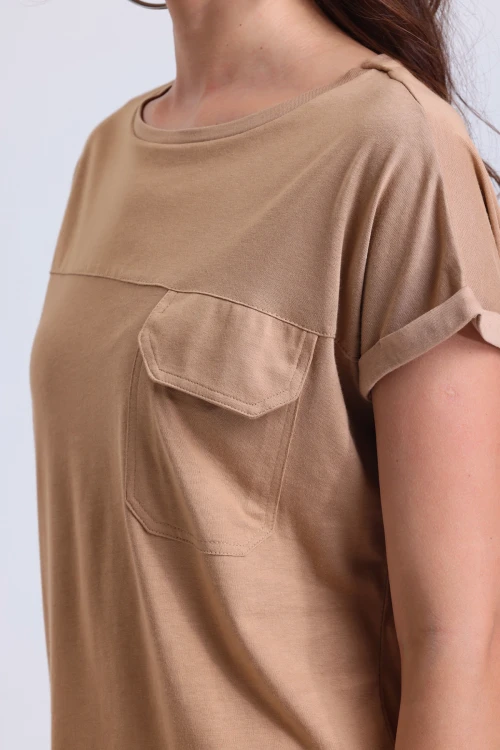 Kısa Kollu Önü Cep Detaylı Bisiklet Yaka Kısa Kollu T-shirt SAPKO-79