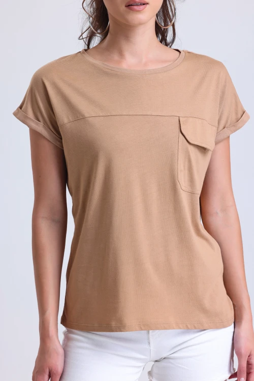 Kısa Kollu Önü Cep Detaylı Bisiklet Yaka Kısa Kollu T-shirt SAPKO-79