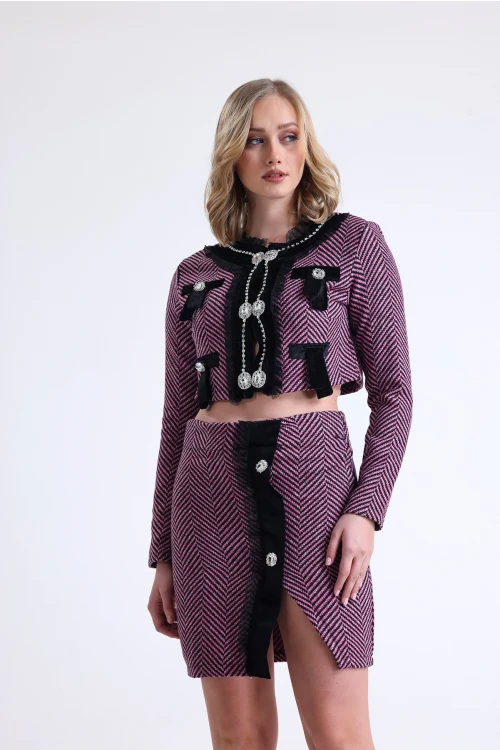 Kurdeleli Ve Taşlı Uzun Kollu Eteği Yırtmaçlı Crop Ceket Etek Takım SU-20