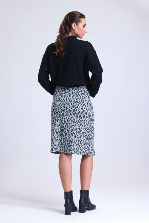Leopar Desenli Beli Lastikli Cepli Midi Boy Etek EX-22