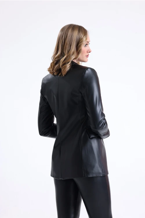 Normal Kesim Tek Düğme Kapamalı Cep Detaylı Suni Deri Ceket SU-53