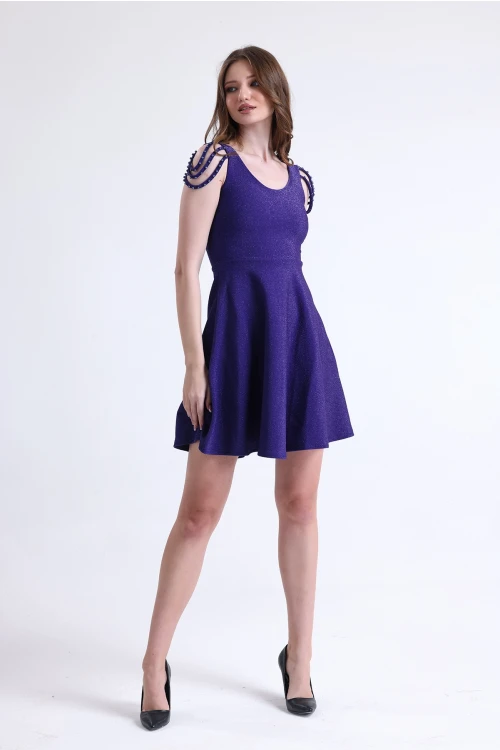 Omuz Detaylı Kalın Askılı Bisiklet Yaka Simli Kısa Elbise SU-22