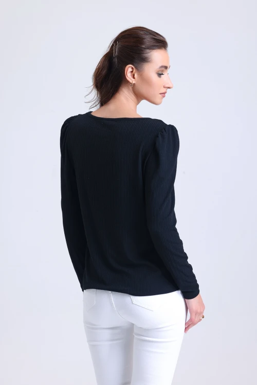 Önü Büzgülü Bağlama Detaylı V Yaka Uzun Kollu Bluz MS-11132