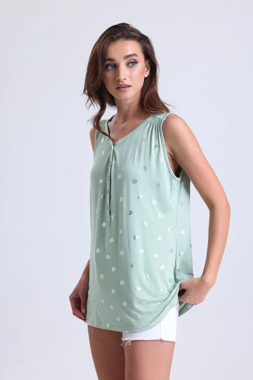 Sıfır Kol Desenli V Yaka Önü Düğmeli Uzun Kesim Bluz MS35048