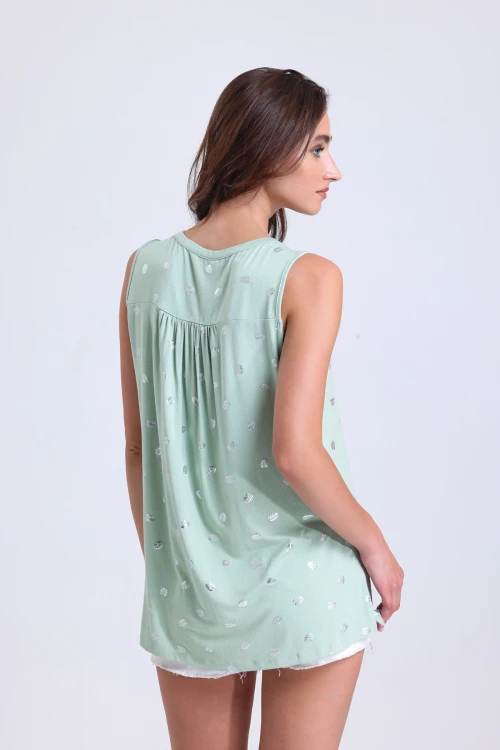 Sıfır Kol Desenli V Yaka Önü Düğmeli Uzun Kesim Bluz MS35048