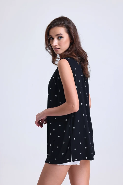 Sıfır Kol Desenli V Yaka Önü Düğmeli Uzun Kesim Bluz MS35048