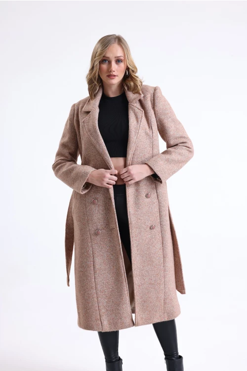 Midi Kesim Düğme Kapamalı Cepli Kuşaklı İçi Astarlı Kruvaze Kaban SU-38