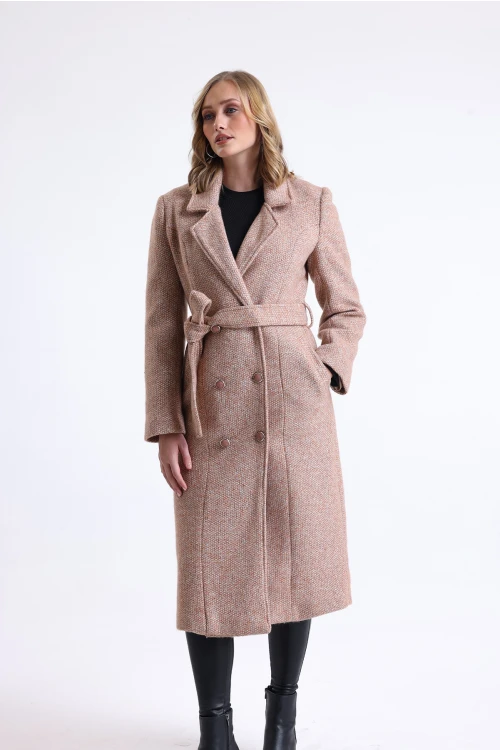 Midi Kesim Düğme Kapamalı Cepli Kuşaklı İçi Astarlı Kruvaze Kaban SU-38