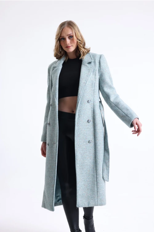 Midi Kesim Düğme Kapamalı Cepli Kuşaklı İçi Astarlı Kruvaze Kaban SU-40