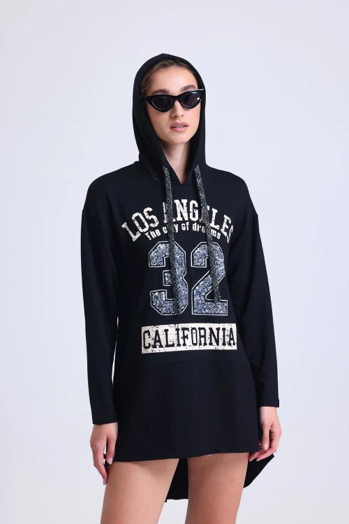 Uzun Kollu Arkası Uzun Baskılı Kapüşonlu Sweatshirt IZ5185