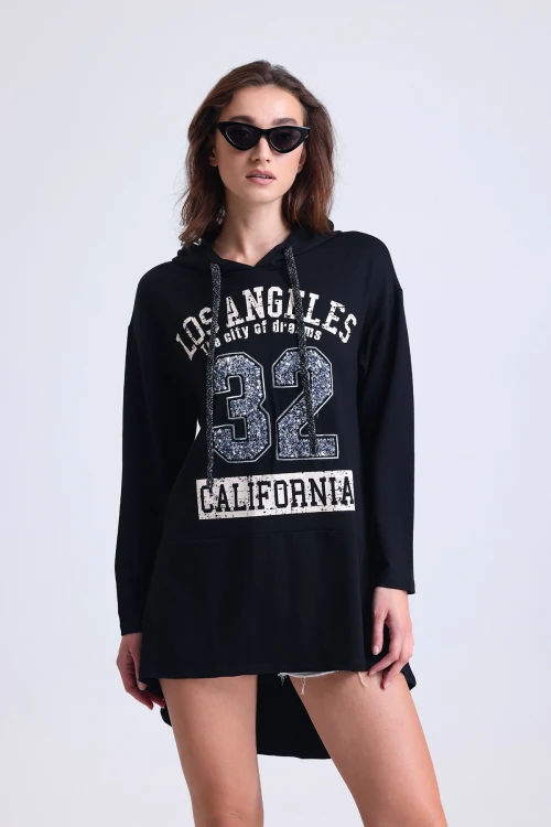 Uzun Kollu Arkası Uzun Baskılı Kapüşonlu Sweatshirt IZ5185