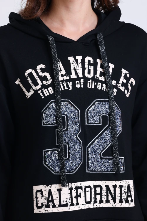 Uzun Kollu Arkası Uzun Baskılı Kapüşonlu Sweatshirt IZ5185