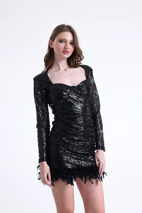 Uzun Kollu Eteği Otriş Detaylı Payetli Kısa Abiye Elbise SU-17