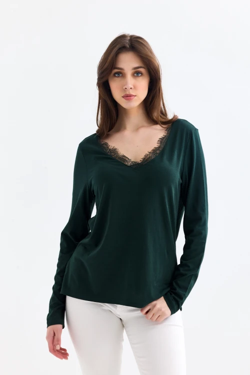 V Yaka Uzun Kollu Yakası Dantel Detaylı İnce Mevsimlik Bluz