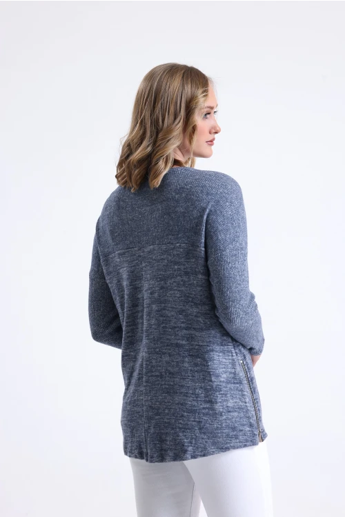 Yanları Fermuar Detaylı Bisiklet Yaka Uzun Kollu Mevsimlik Triko Bluz 20001403