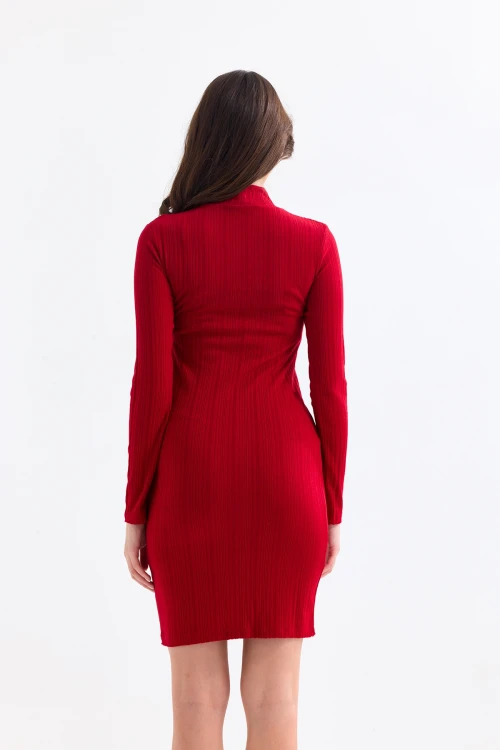 Yarım Balıkçı Yaka Uzun Kollu Fitilli Likralı Mevsimlik Kısa Elbise