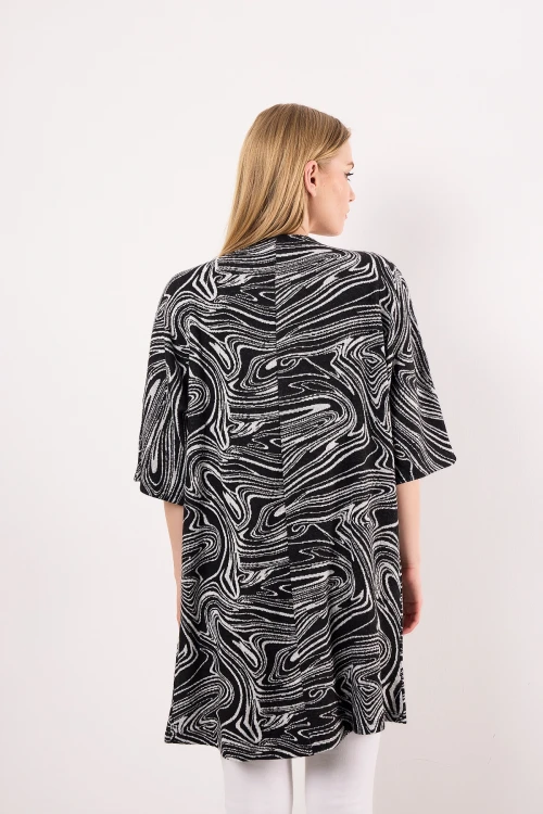 Asimetrik Kesim Fakir Kol Düğmesiz Desenli İnce Salaş Hırka