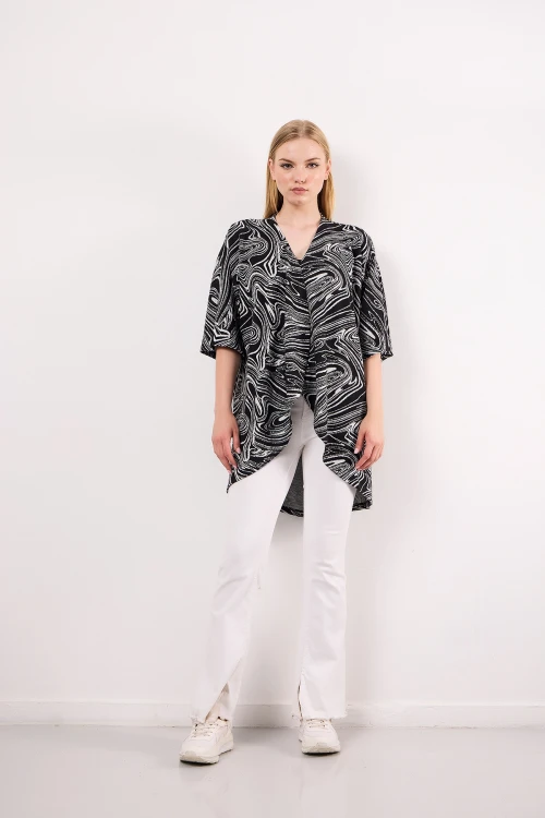 Asimetrik Kesim Fakir Kol Düğmesiz Desenli İnce Salaş Hırka