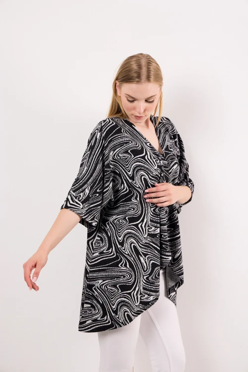 Asimetrik Kesim Fakir Kol Düğmesiz Desenli İnce Salaş Hırka