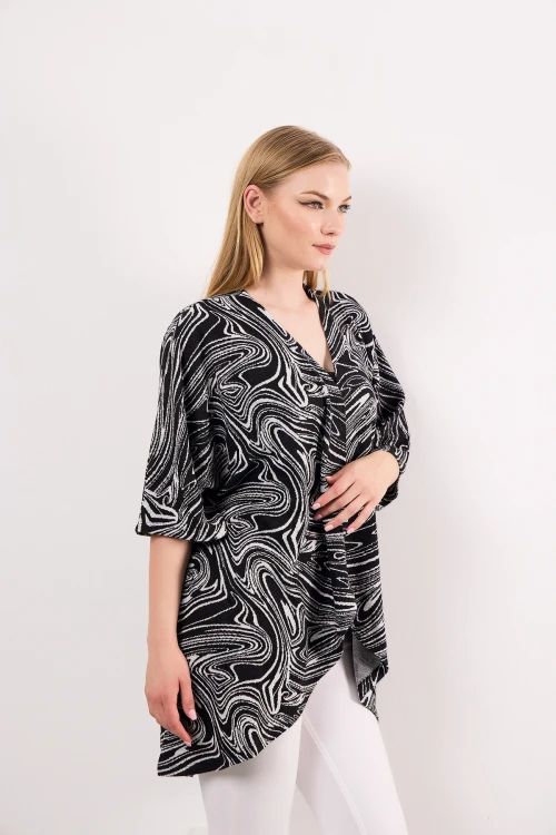 Asimetrik Kesim Fakir Kol Düğmesiz Desenli İnce Salaş Hırka