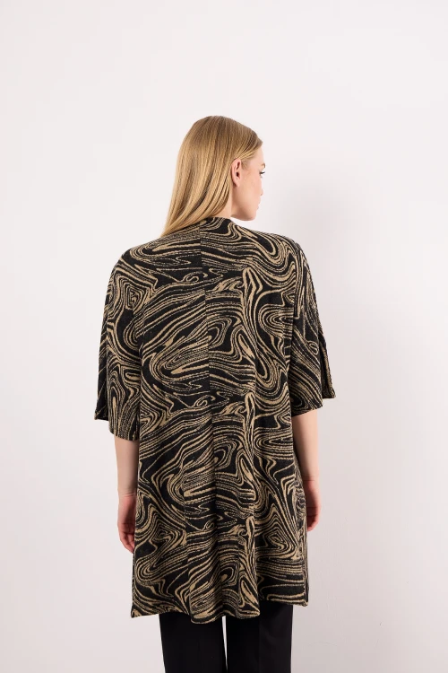 Asimetrik Kesim Fakir Kol Düğmesiz Desenli İnce Salaş Hırka