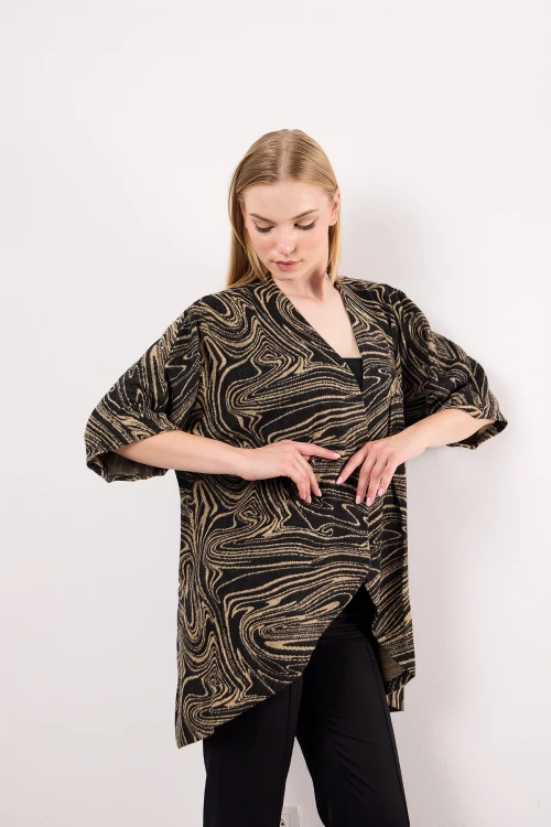 Asimetrik Kesim Fakir Kol Düğmesiz Desenli İnce Salaş Hırka