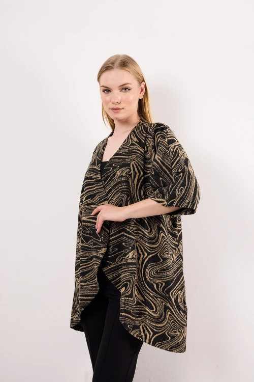 Asimetrik Kesim Fakir Kol Düğmesiz Desenli İnce Salaş Hırka