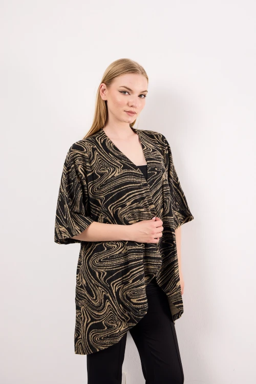 Asimetrik Kesim Fakir Kol Düğmesiz Desenli İnce Salaş Hırka