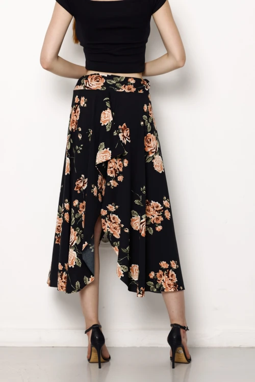 Beli Ayarlanabilir Lastikli Asimetrik Kesim Cepsiz Çiçek Desenli Midi Boy Etek 1116